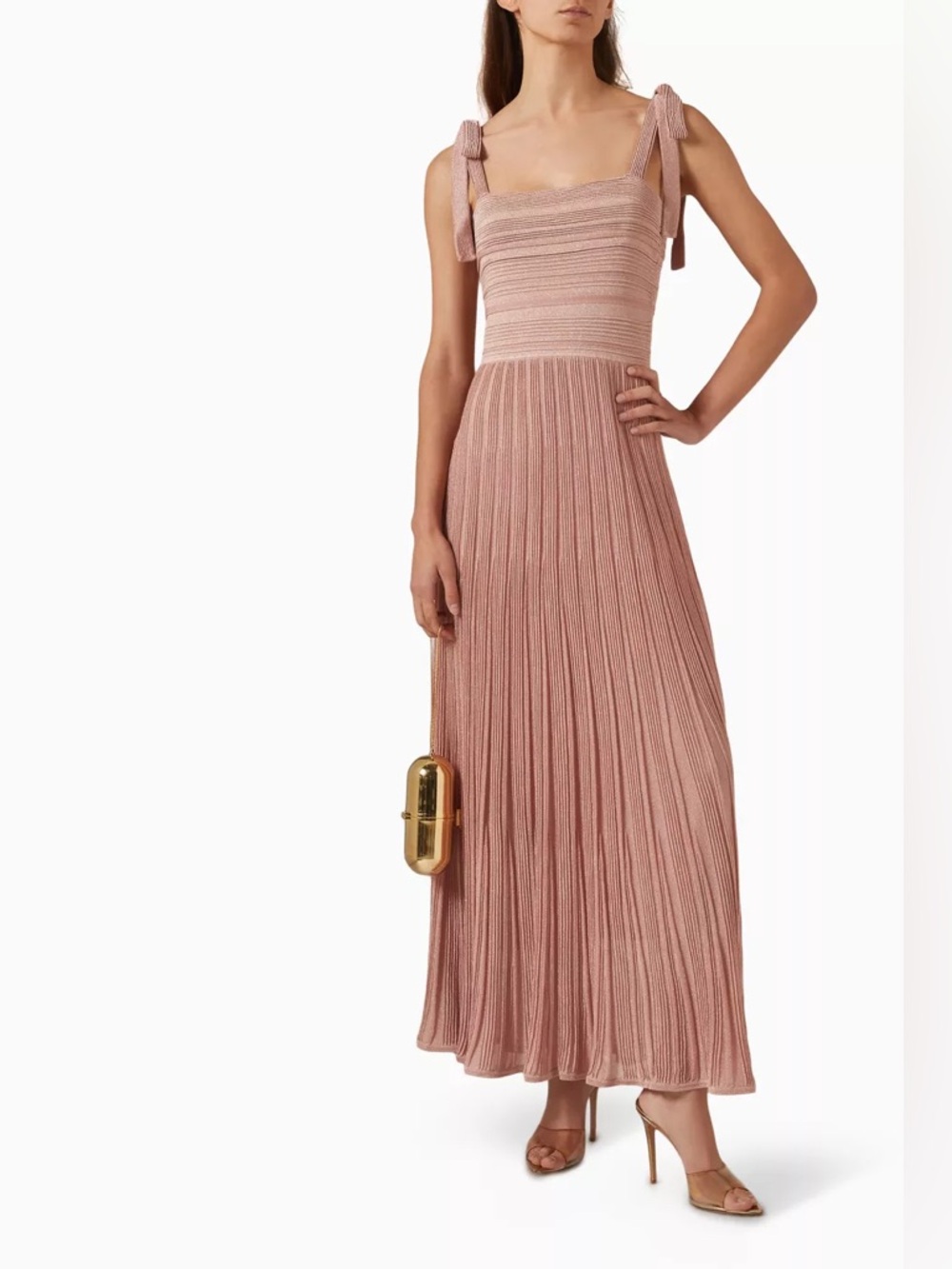 NWT Zimmermann Lucky Tie Shoulder Metallic Rib Maxi Dress in Metallic Pink Sz 10